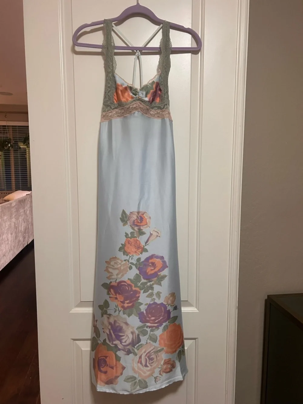 🌸🌺🌼Free People Intimately Light Blue Floral Lace Trim Long Slip Dress🌼🌺🌸 - Picture 5 of 14